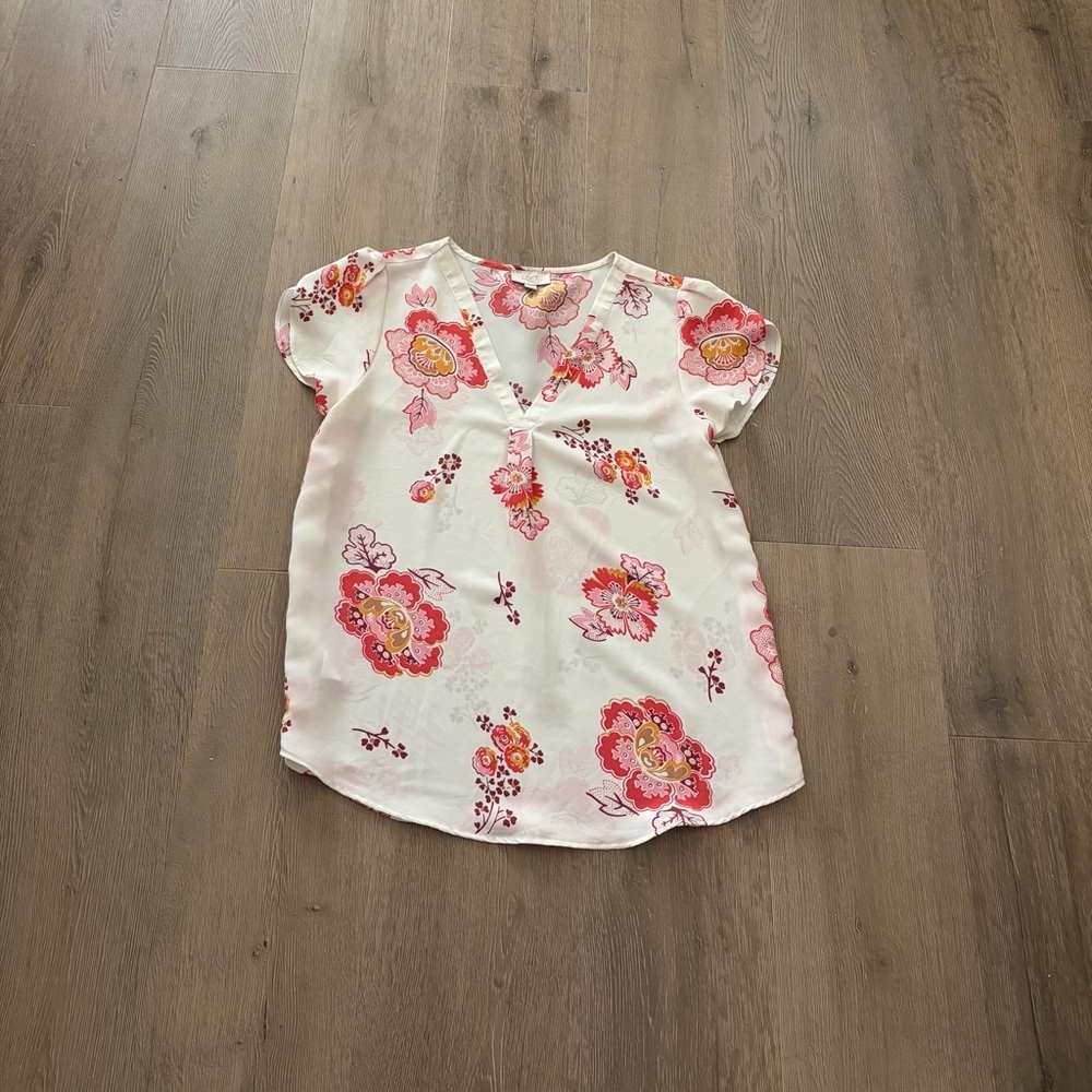 LOFT White Floral V-Neck Blouse with Pink & Yellow Flowers